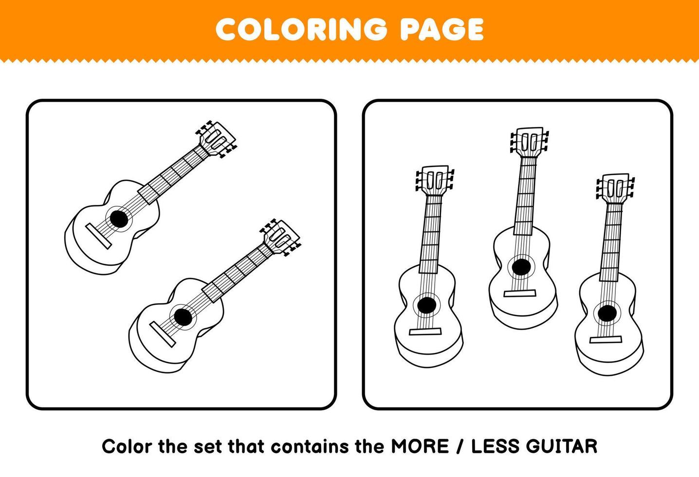 juego educativo para niños página para colorear más o menos imagen de dibujos animados instrumento musical guitarra juego de arte lineal hoja de trabajo imprimible vector