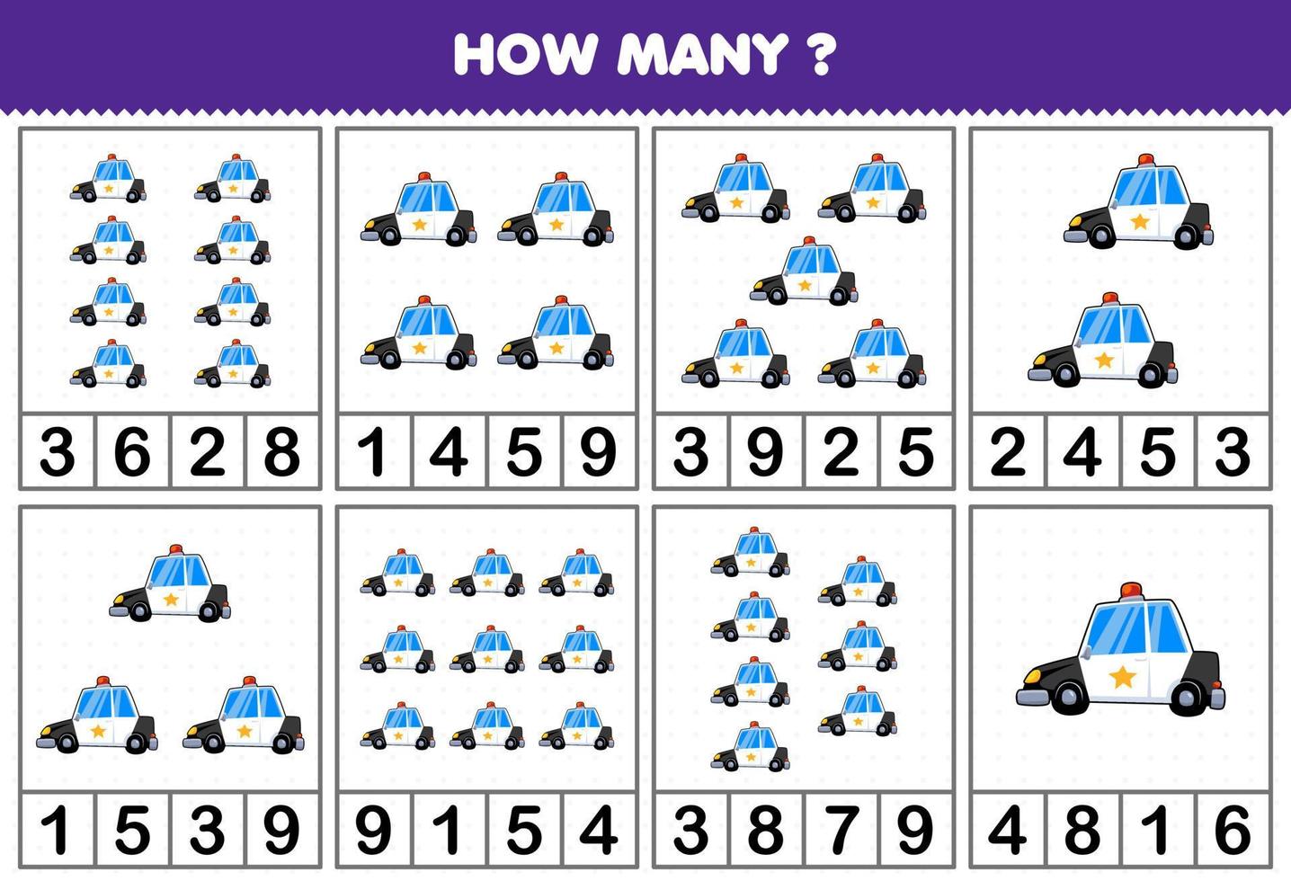 Education game for children counting how many objects in each table of cartoon police car transportation vehicle printable worksheet vector
