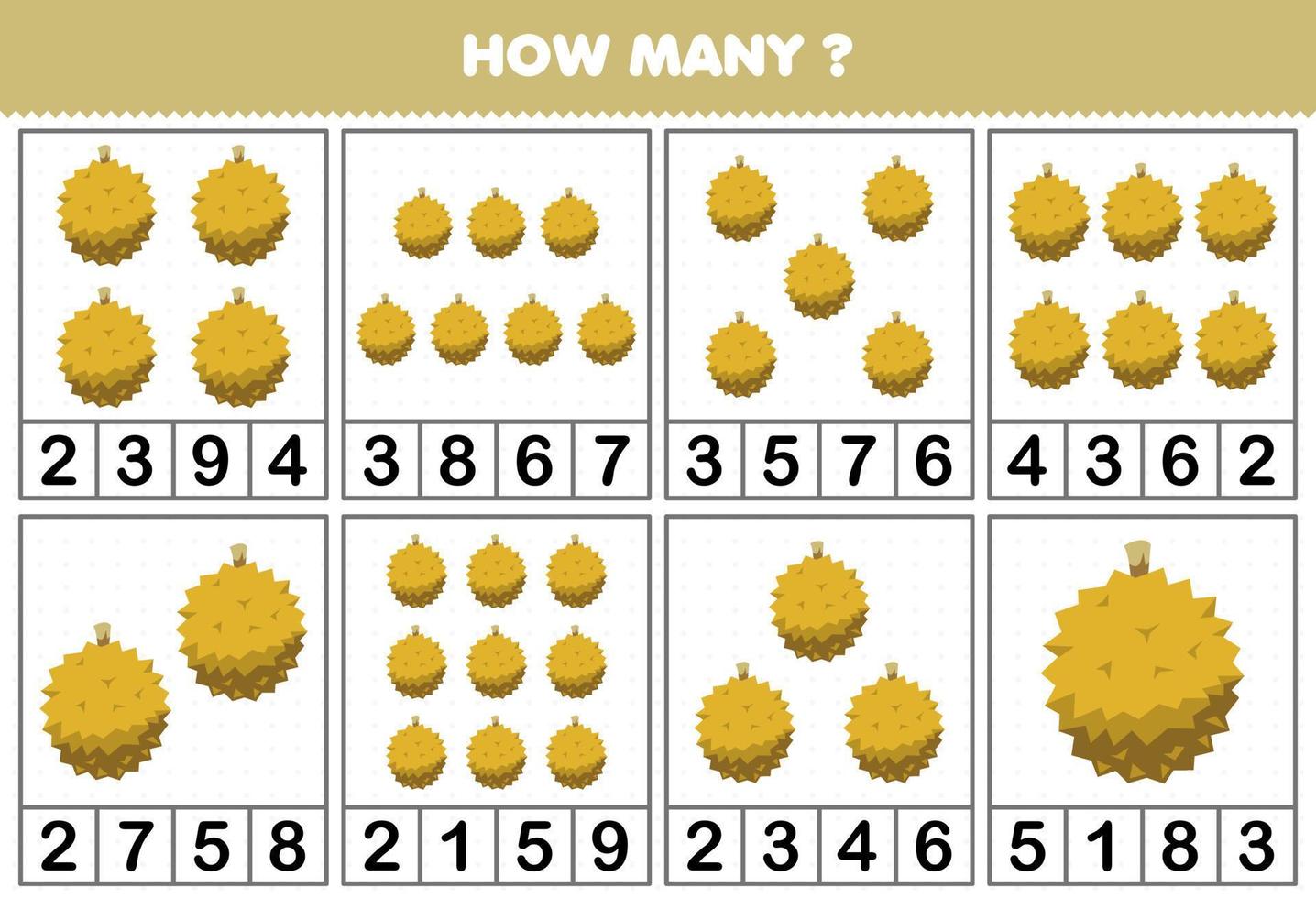 Education game for children counting how many objects in each table of cute cartoon durian fruit printable worksheet vector