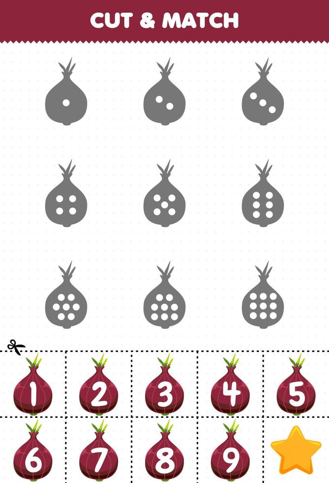 Educational game for kids count the dots on each silhouette and match them with the correct numbered shallot vegetables printable worksheet vector