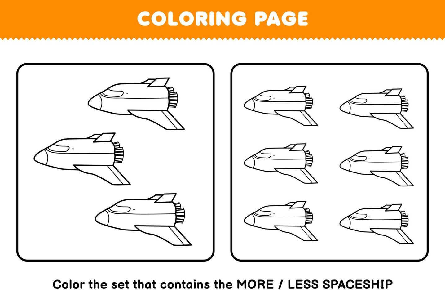 juego educativo para niños página para colorear más o menos imagen de una linda nave espacial de dibujos animados conjunto de arte lineal hoja de trabajo imprimible del sistema solar vector
