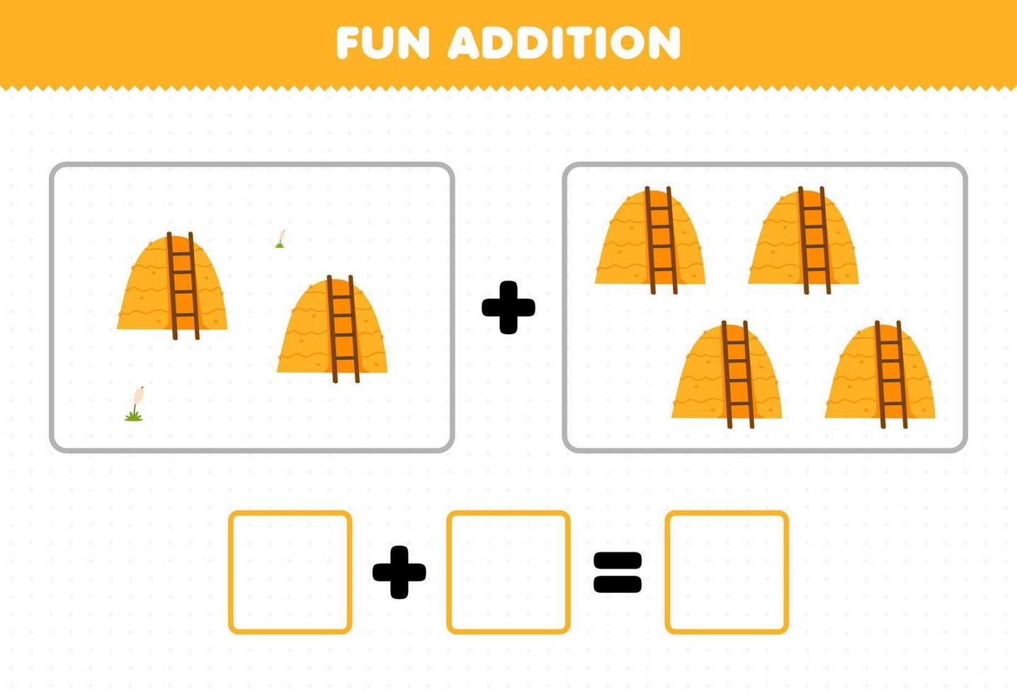 Education game for children fun addition by counting cute cartoon haystack with ladder pictures printable farm worksheet vector