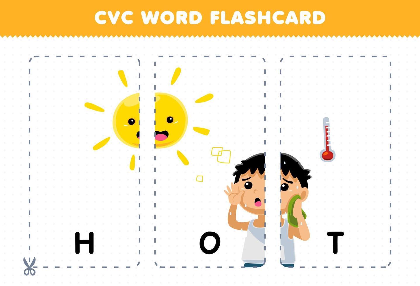 Education game for children learning consonant vowel consonant word with cute cartoon HOT weather illustration printable flashcard vector