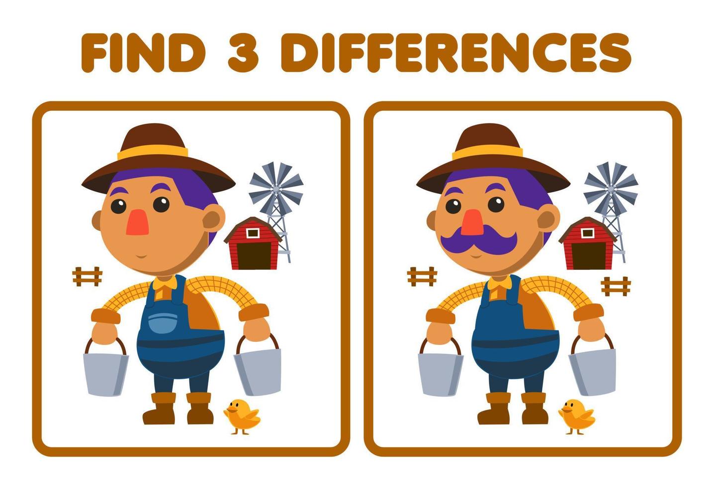 juego educativo para niños encuentra tres diferencias entre dos lindos granjeros de dibujos animados que llevan un balde frente a la hoja de trabajo imprimible de la granja de graneros vector