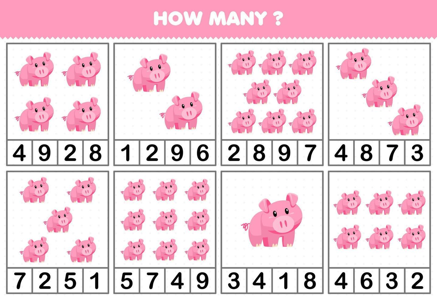 Education game for children counting how many objects in each table of cute cartoon pig animal printable worksheet vector