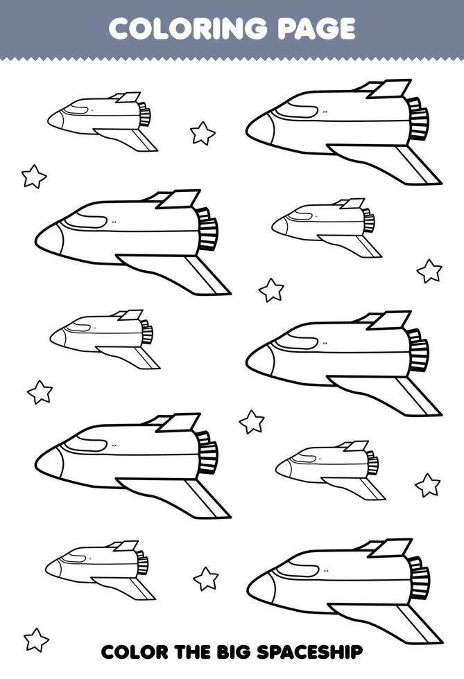 Education game for children coloring page big or small picture of solar system spaceship and star line art printable worksheet vector