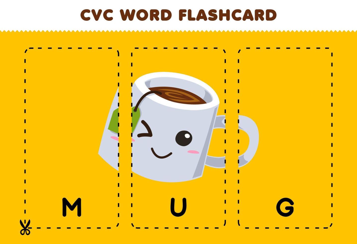 Education game for children learning consonant vowel consonant word with cute cartoon MUG illustration printable flashcard vector