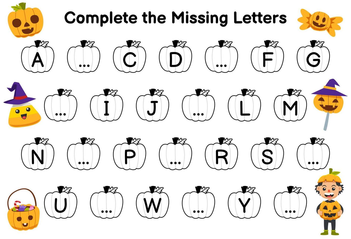 juego educativo para completar las letras que faltan con dibujos animados lindo maíz dulce calabaza niño disfraz imagen halloween hoja de trabajo imprimible vector