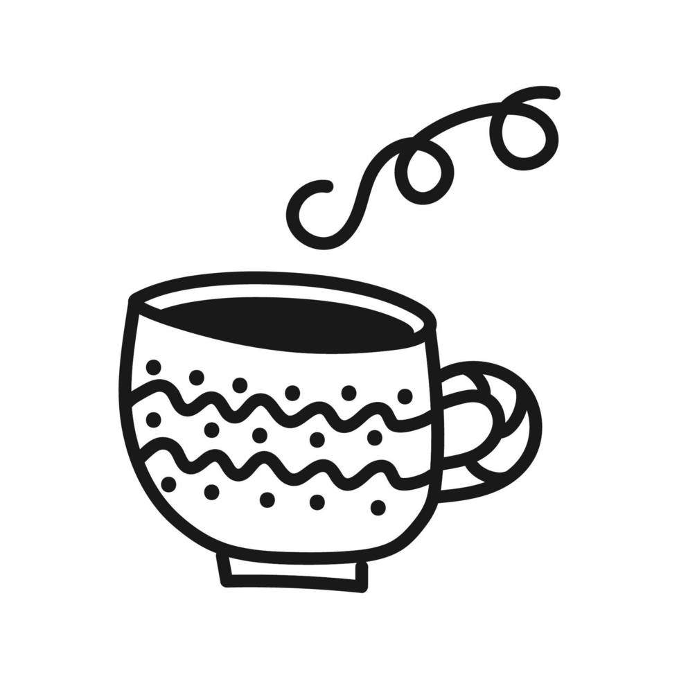 Mug I with pattern of dots and waves with steam in style of doodles. Vector isolated image for use in menu design