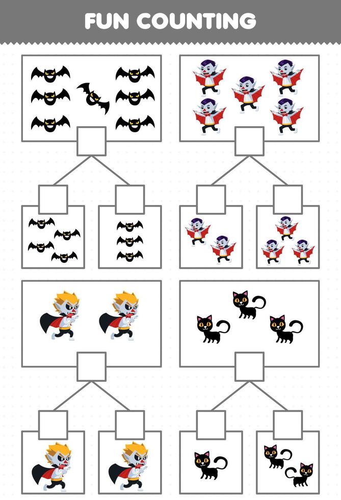 Education game for children fun counting picture in each box of cute cartoon black bat cat dracula costume halloween printable worksheet vector