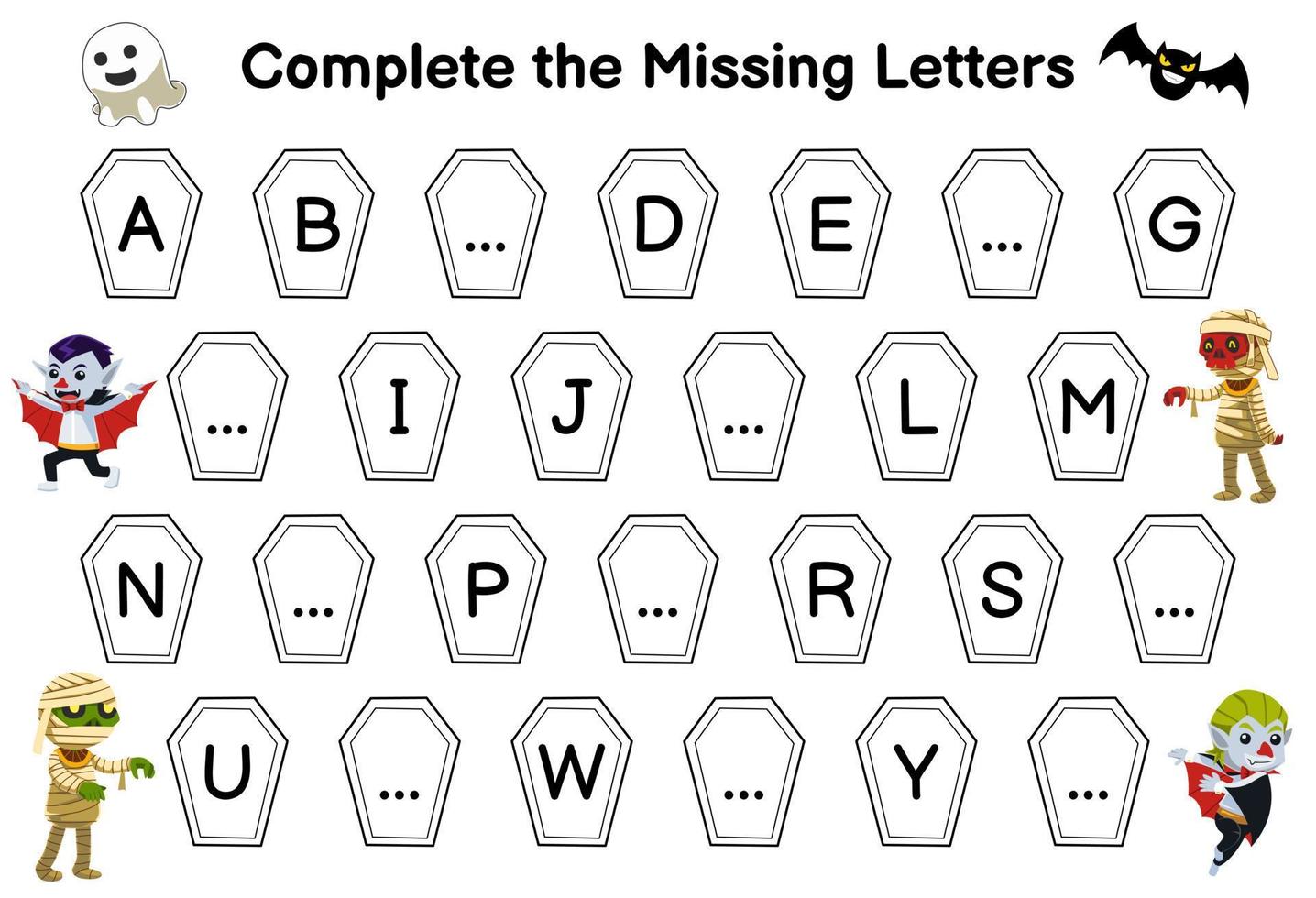 Education game for complete the missing letters with cute cartoon ghost black bat dracula mummy costume picture halloween printable worksheet vector