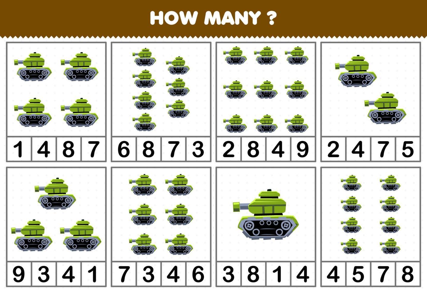 Education game for children counting how many objects in each table of cartoon tank military transportation vehicle printable worksheet vector