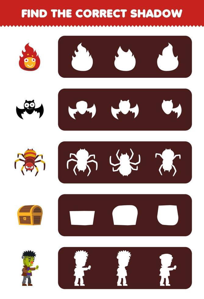 juego educativo para niños encontrar la silueta de sombra correcta de dibujos animados lindo fuego murciélago araña cofre frankenstein halloween hoja de trabajo imprimible vector