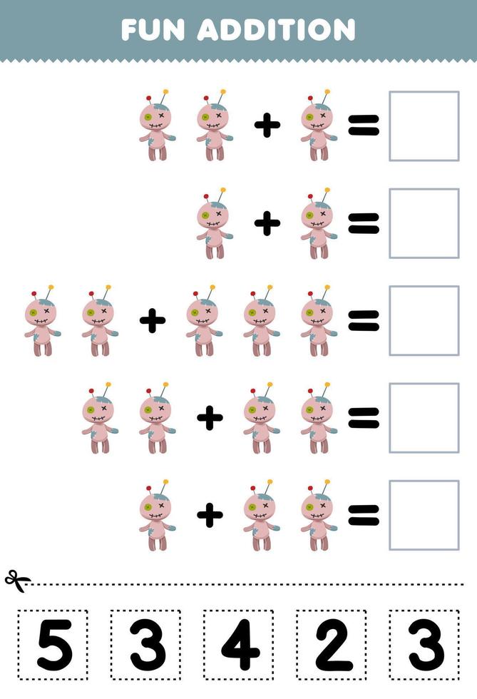 Education game for children fun addition by cut and match correct number for cute cartoon voodoo doll halloween printable worksheet vector