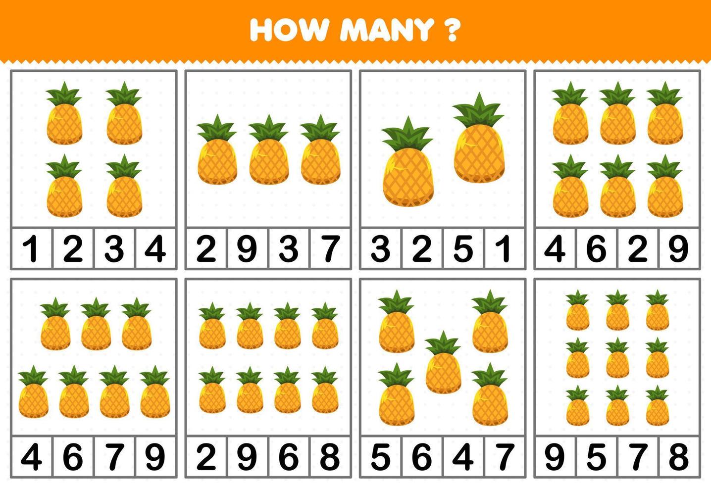 Education game for children counting how many objects in each table of cute cartoon pineapple fruit printable worksheet vector