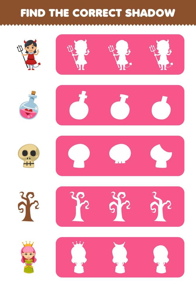 Education game for children find the correct shadow silhouette of cute cartoon devil girl potion bottle skull tree queen halloween printable worksheet vector