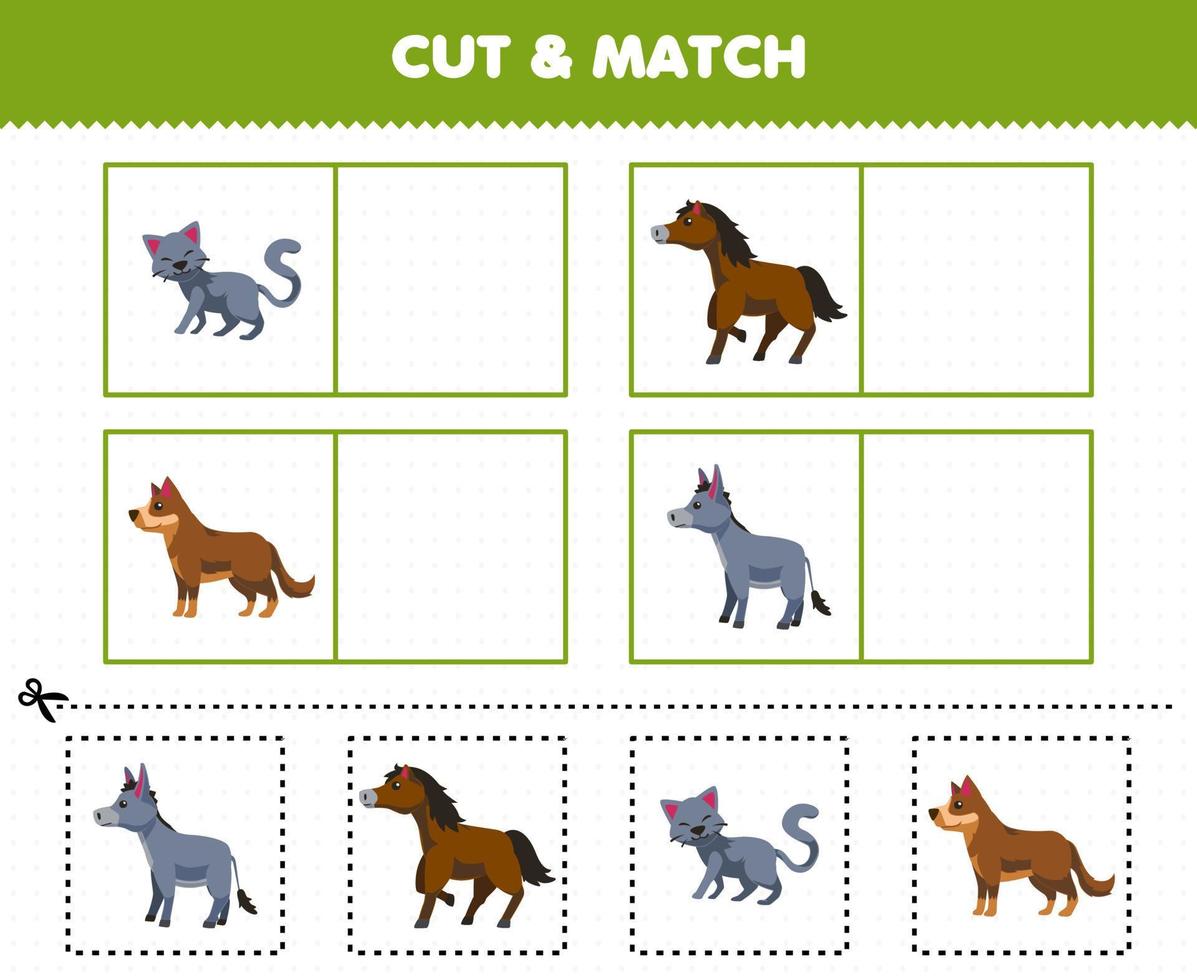 Education game for children cut and match the same picture of cute cartoon cat horse dog donkey printable farm worksheet vector