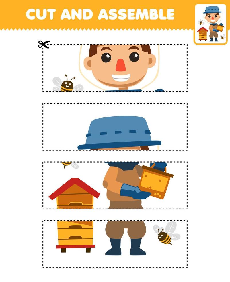 Education game for children cutting practice and assemble puzzle with cute cartoon honey farmer opening beehive farm printable worksheet vector