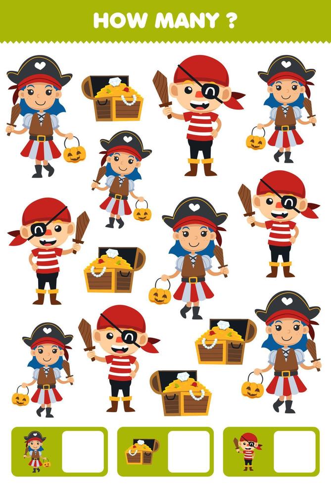 Education game for children searching and counting how many objects of cute cartoon treasure chest pirate costume halloween printable worksheet vector