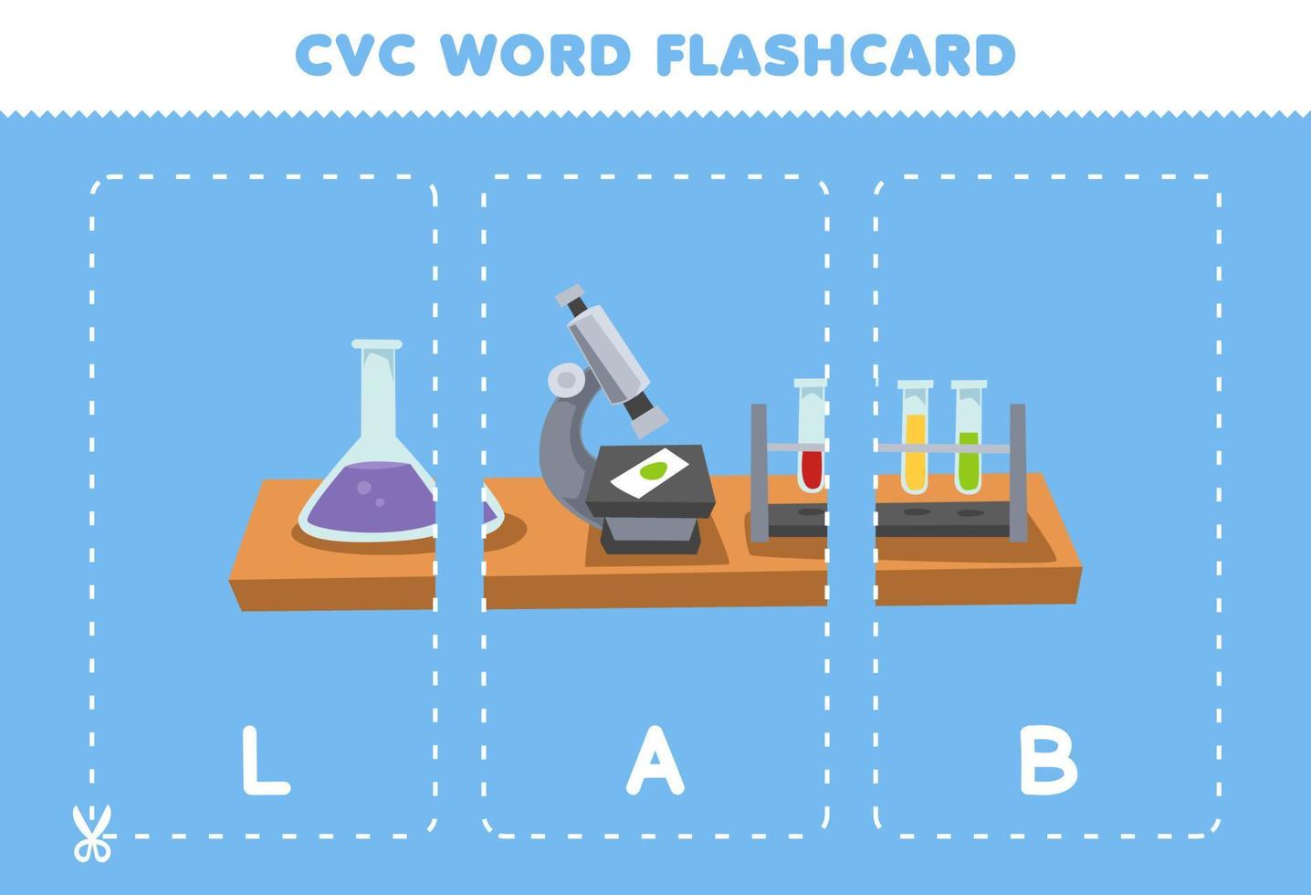 juego educativo para niños que aprenden consonante vocal consonante palabra con linda caricatura equipo de laboratorio ilustración tarjeta flash imprimible vector