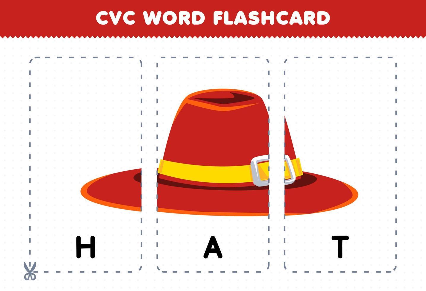 juego de educación para niños que aprenden consonante vocal consonante palabra con lindo sombrero de dibujos animados ilustración tarjeta flash imprimible vector