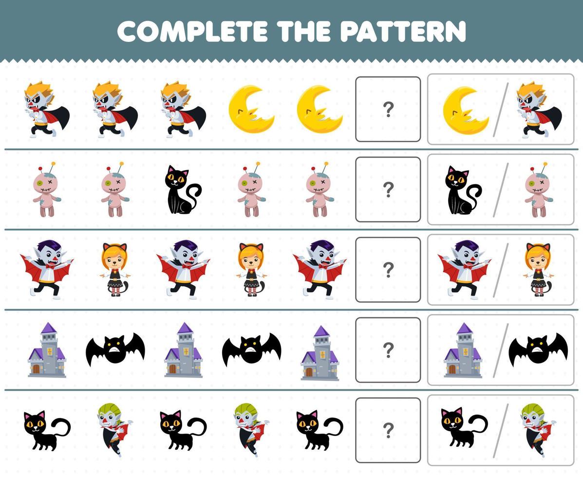 Education game for children complete the pattern by guess the correct picture of cute cartoon dracula costume halloween printable worksheet vector