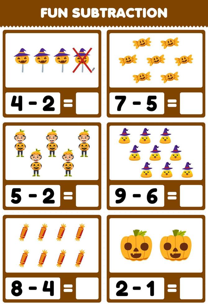 Education game for children fun subtraction by counting and eliminating cute cartoon corn candy pumpkin boy costume halloween printable worksheet vector