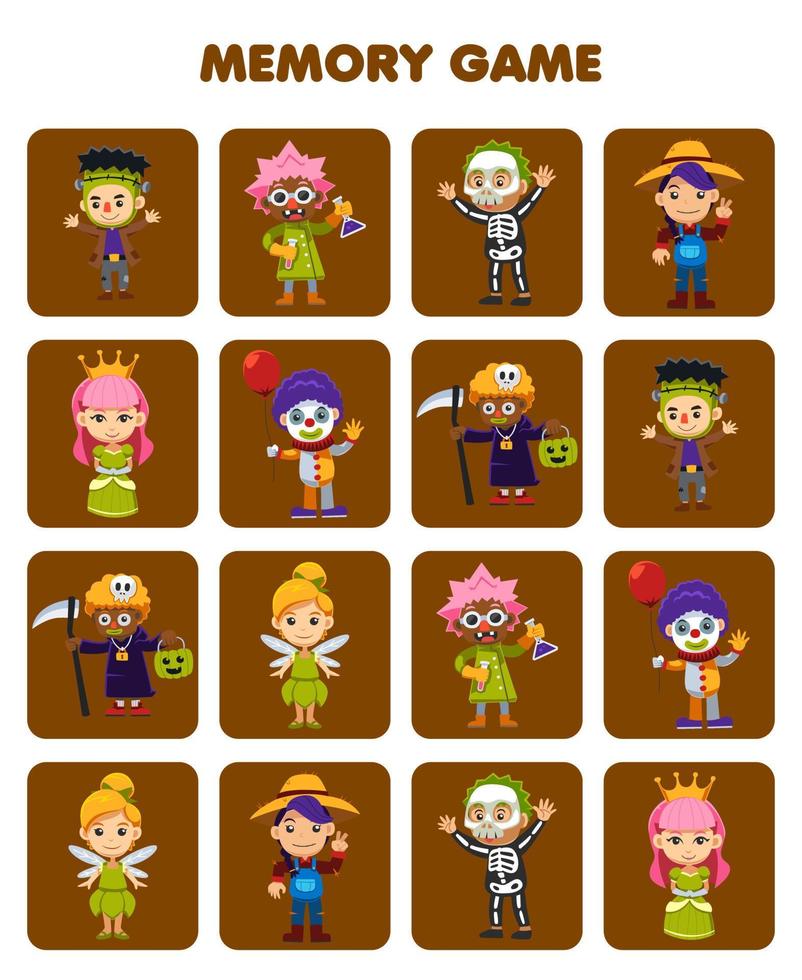 Education game for children memory to find similar pictures of cute cartoon frankenstein scientist skeleton clown queen fairy costume halloween printable worksheet vector
