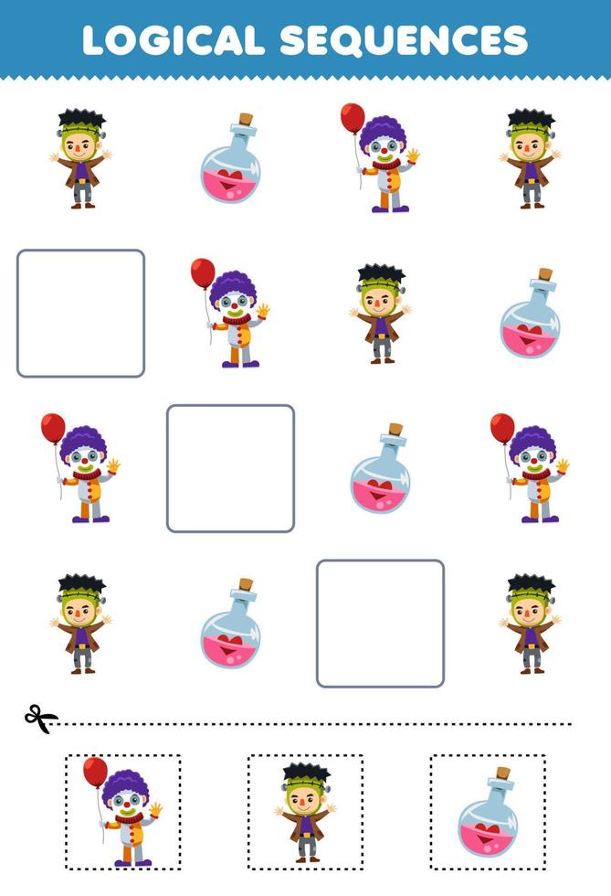 Education game for children logical sequences for kids with cute cartoon potion bottle clown frankenstein costume picture halloween printable worksheet vector