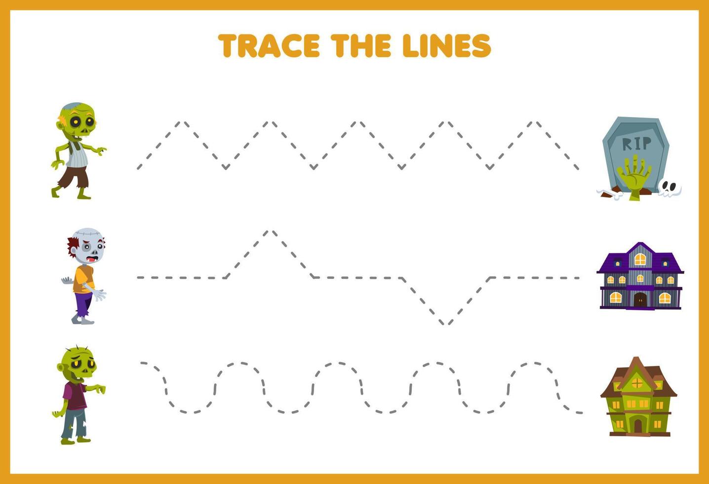 juego educativo para niños práctica de escritura a mano trazar las líneas con dibujos animados lindo lápida casa espeluznante y imagen de disfraz de zombi hoja de trabajo imprimible de halloween vector