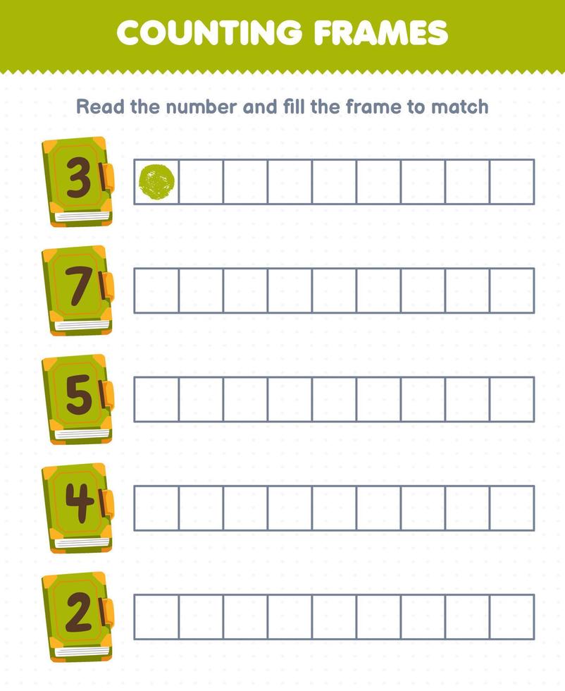 Educational game for kids read the number and fill the frames of cute cartoon green book halloween printable worksheet vector