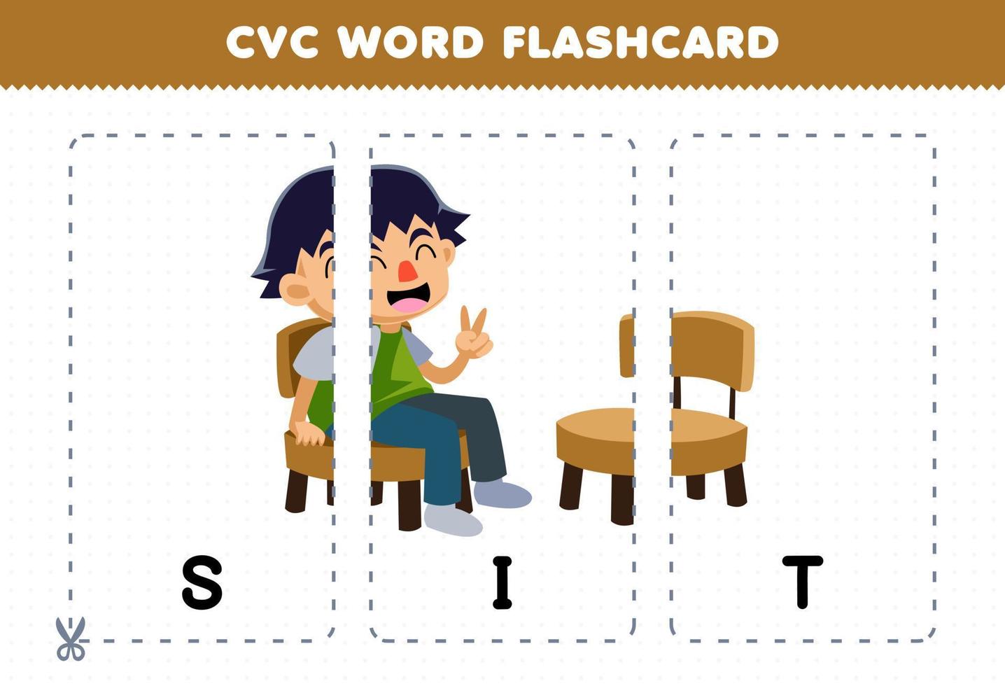 juego educativo para niños que aprenden consonante vocal consonante palabra con dibujos animados lindo sentarse en la silla ilustración tarjeta flash imprimible vector