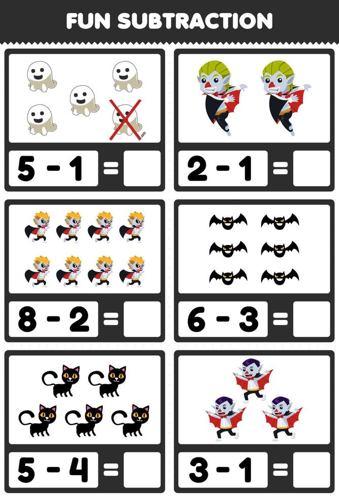 Education game for children fun subtraction by counting and eliminating cute cartoon ghost black bat cat dracula halloween printable worksheet vector