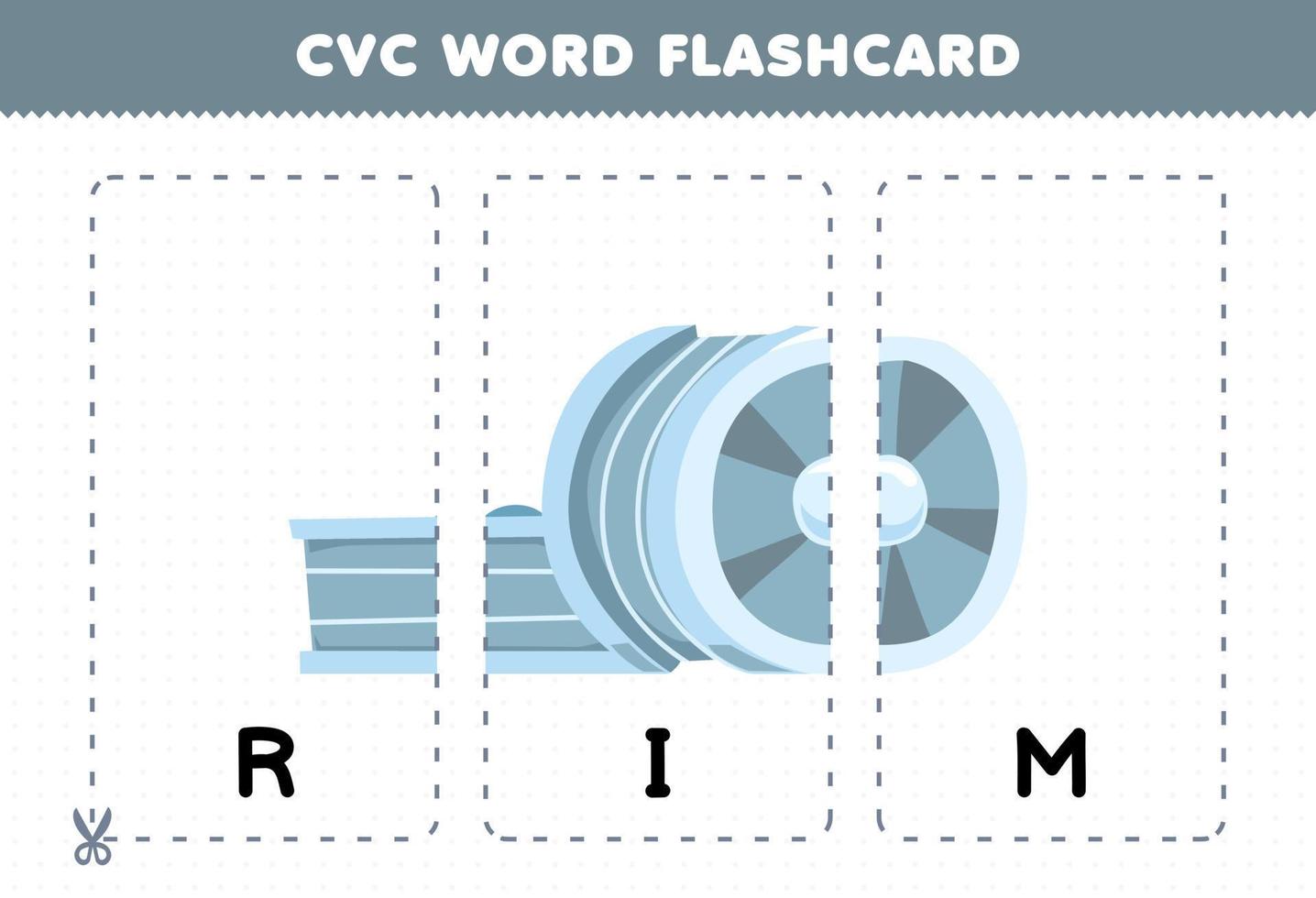 Education game for children learning consonant vowel consonant word with cute cartoon RIM wheel illustration printable flashcard vector