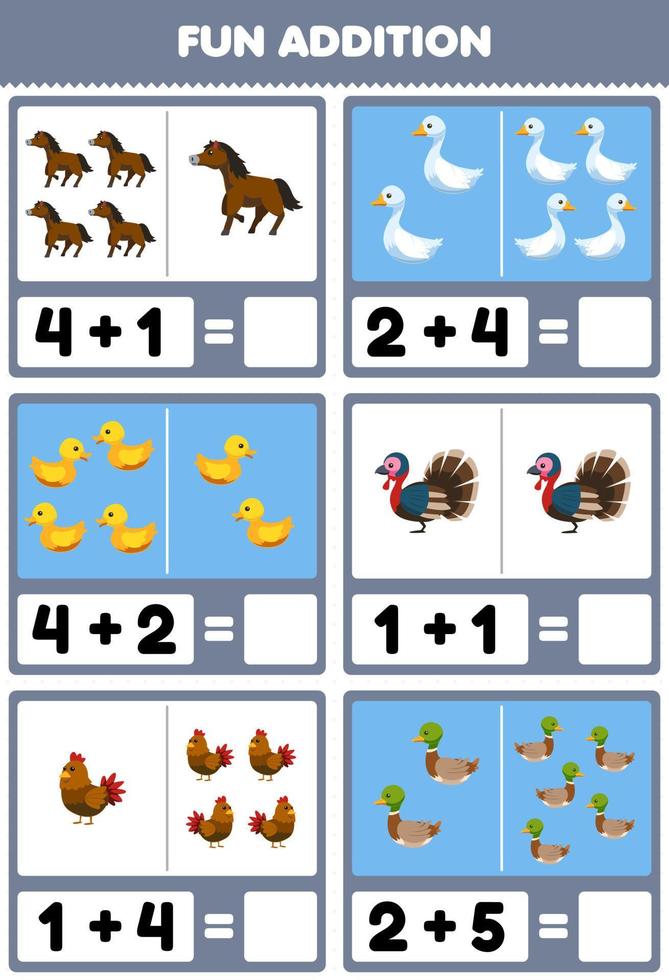 Education game for children fun addition by counting and sum of cute cartoon horse goose duck duckling turkey hen chicken printable farm worksheet vector