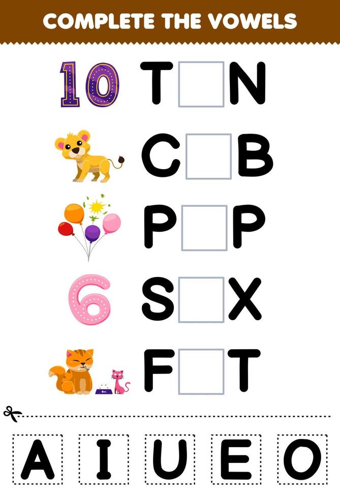 Education game for children complete the vowels of cute cartoon ten cub pop six fat illustration printable worksheet vector