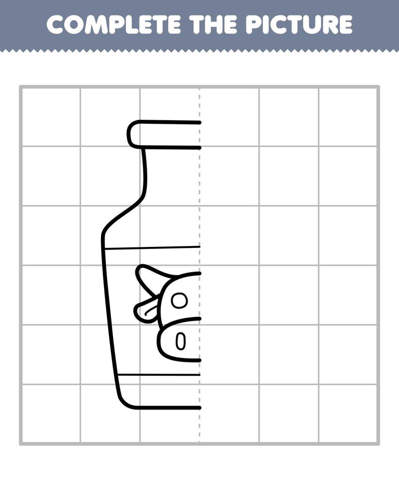 juego educativo para niños completa la imagen de una linda botella de leche de dibujos animados con medio contorno de cabeza de vaca para dibujar una hoja de trabajo de granja imprimible vector