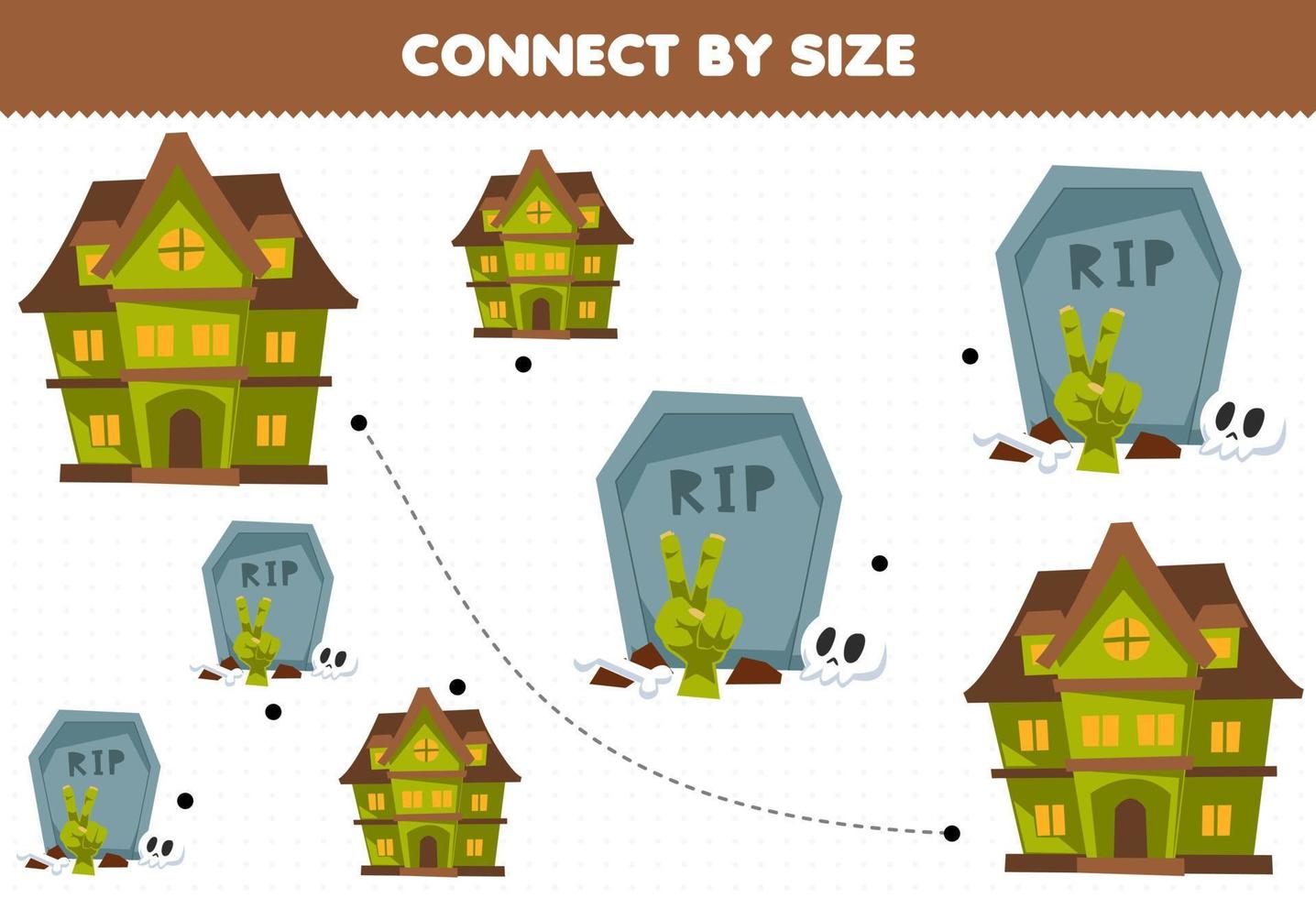 Educational game for kids connect by the size of cute cartoon tombstone and spooky house halloween printable worksheet vector