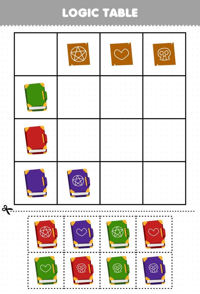 juego educativo para niños tabla de lógica símbolo y libro de hechizos hoja de trabajo imprimible de halloween vector
