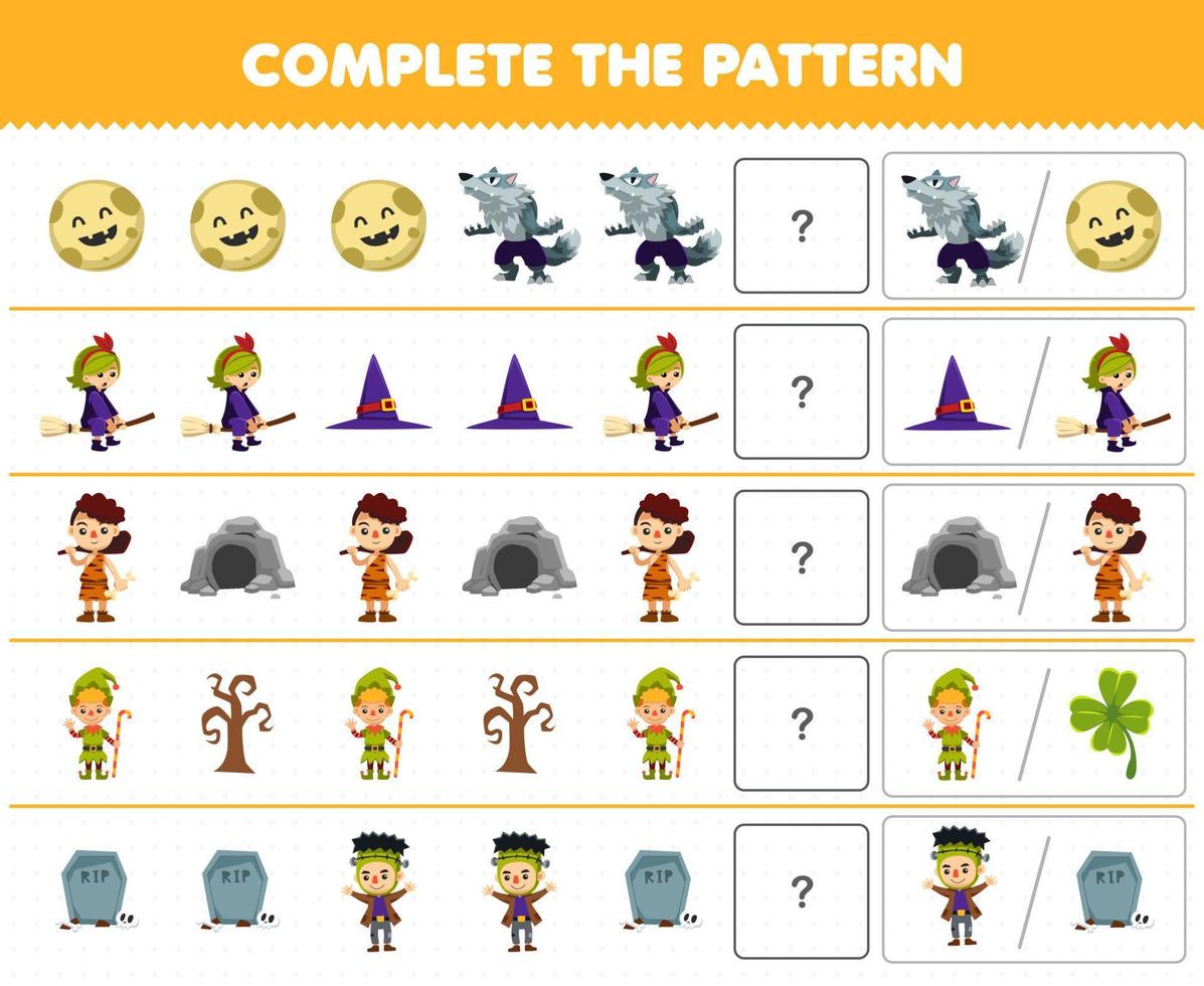 Education game for children complete the pattern by guess the correct picture of cute cartoon werewolf witch caveman dwarfs frankenstein costume halloween printable worksheet vector