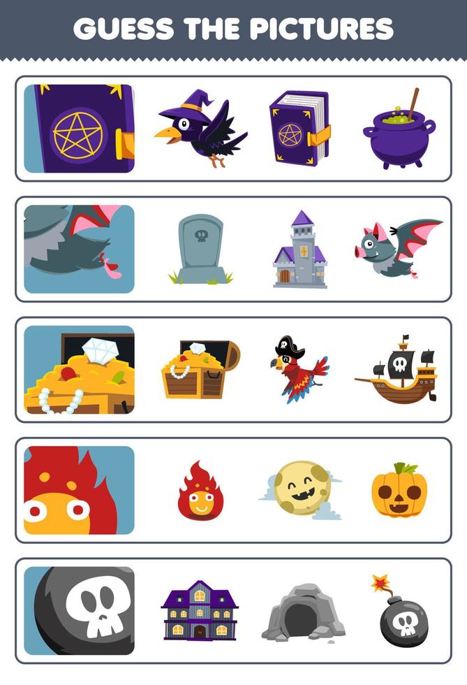 Education game for children guess the correct pictures of cute cartoon book bat treasure chest fire bomb halloween printable worksheet vector