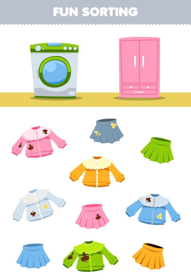 juego educativo para niños divertido clasificando blusas y faldas limpias o sucias ropa ponible a lavadora o armario hoja de trabajo imprimible vector