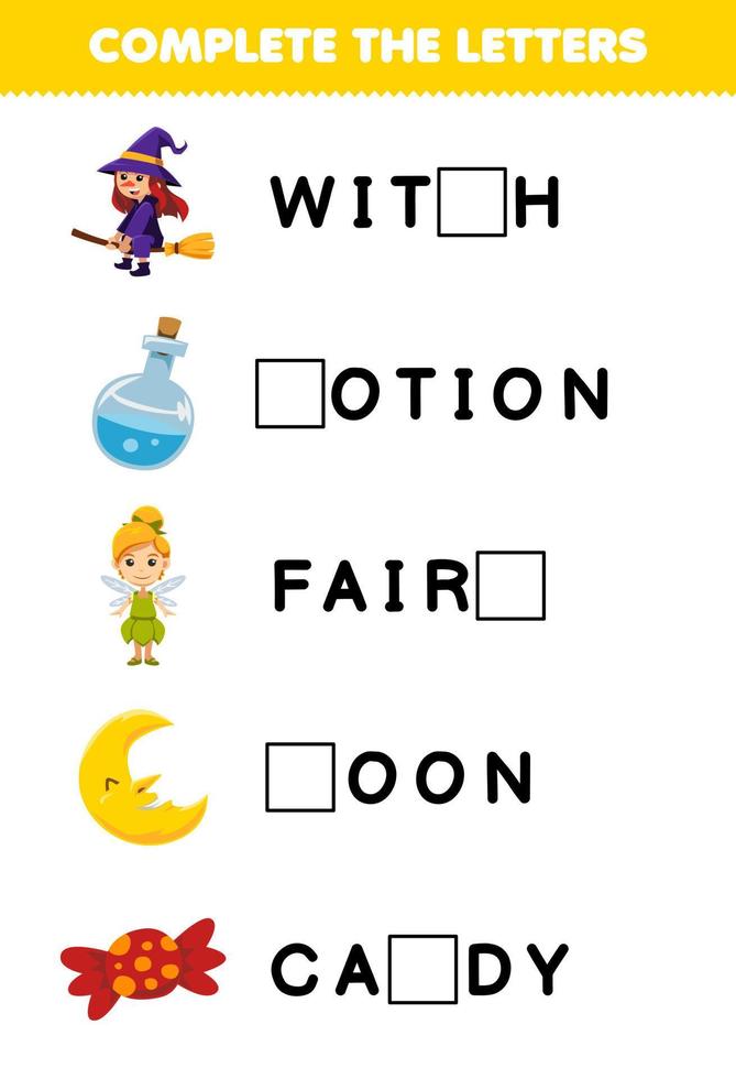 Education game for children complete the letters from cute cartoon witch potion fairy moon candy halloween printable worksheet vector