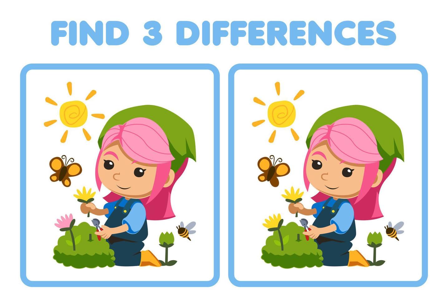 juego educativo para niños encuentra tres diferencias entre dos lindos floristas de dibujos animados recogiendo flores junto a la hoja de trabajo imprimible de la granja de mariposas y abejas vector