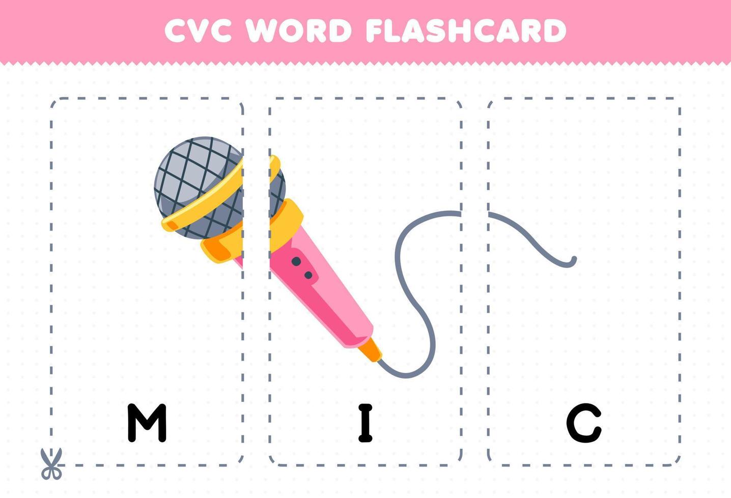 juego educativo para niños que aprenden consonante vocal consonante palabra con linda caricatura ilustración de micrófono tarjeta flash imprimible vector