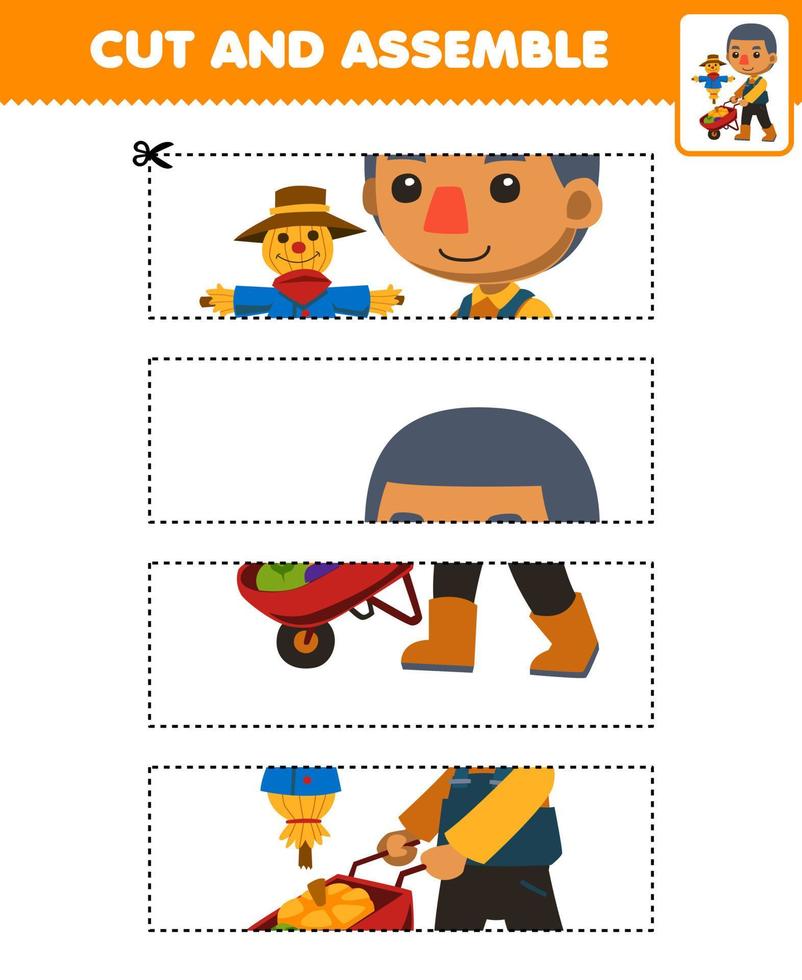 Education game for children cutting practice and assemble puzzle with cute cartoon farmer pushing a wheelbarrow full of vegetables farm printable worksheet vector