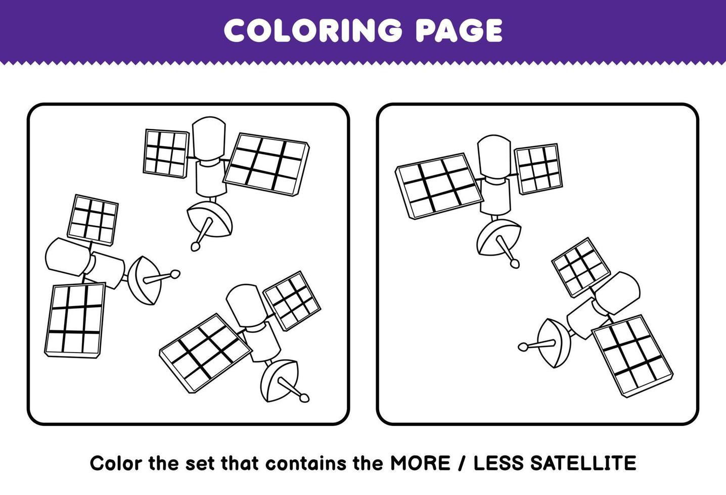 juego educativo para niños página para colorear más o menos imagen de dibujos animados lindo conjunto de arte de línea satelital hoja de trabajo imprimible del sistema solar vector