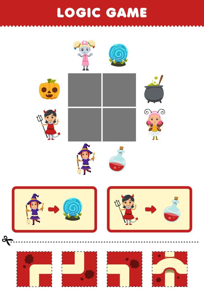Education game for children logic puzzle build the road for witch and devil girl costume halloween printable worksheet vector