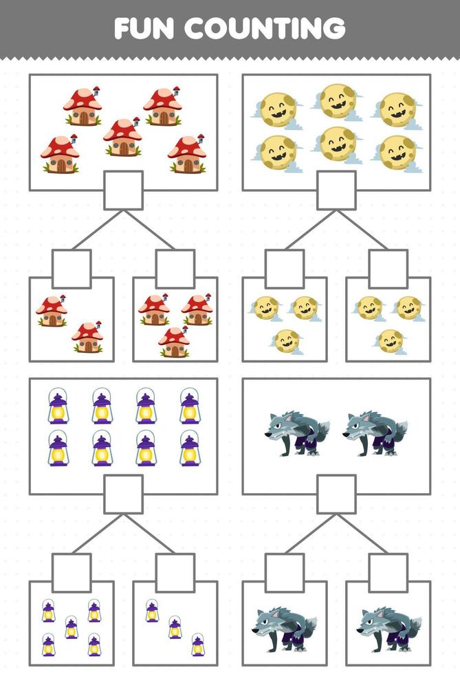 Education game for children fun counting picture in each box of cute cartoon mushroom house moon lantern werewolf halloween printable worksheet vector