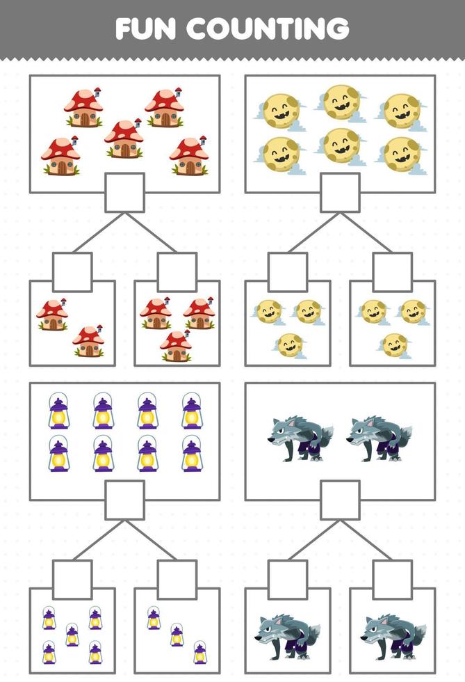 juego educativo para niños diversión contando imagen en cada caja de dibujos animados lindo hongo casa luna linterna hombre lobo hoja de trabajo imprimible de halloween vector